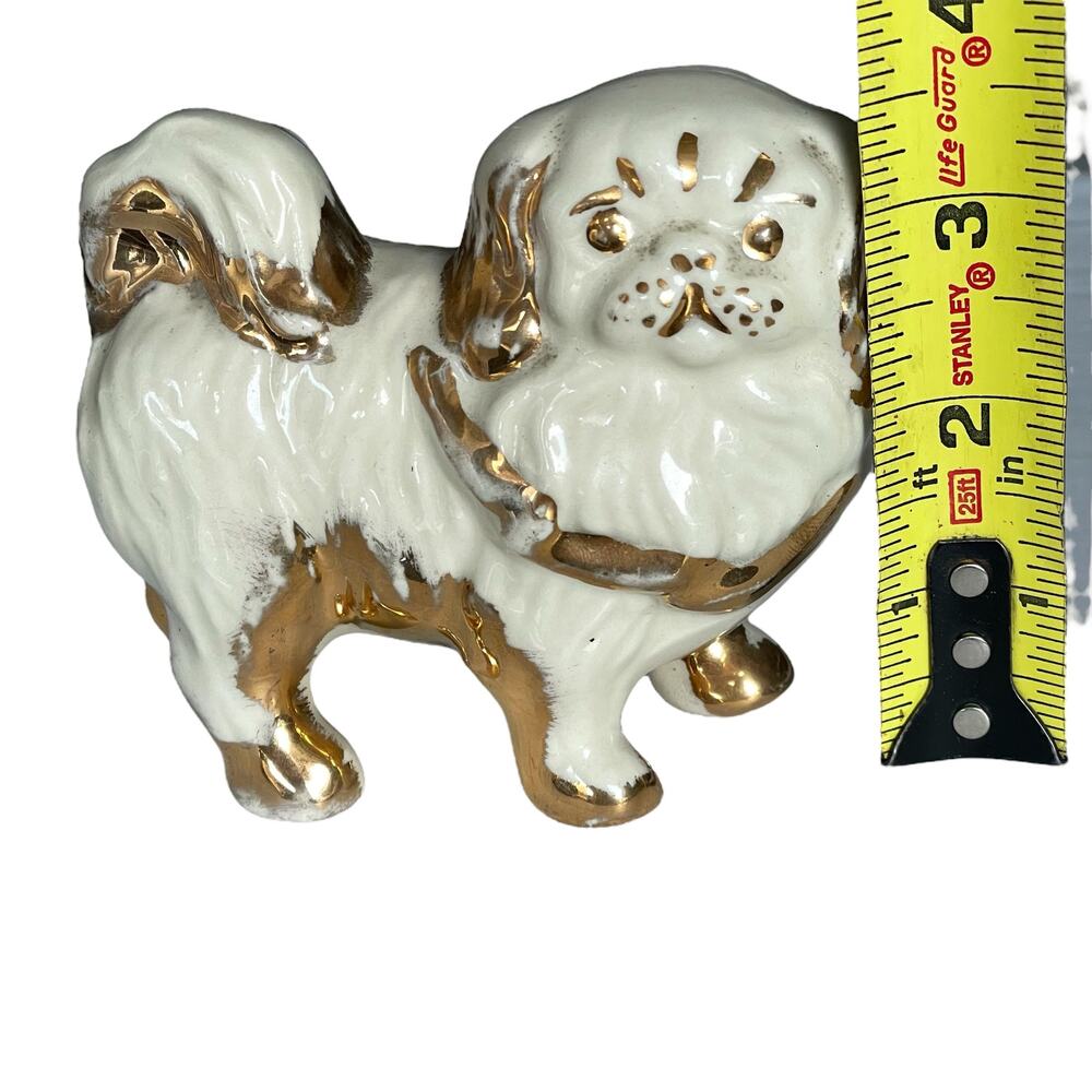 Porcelain Pekingese Dog Figurine Ivory White With Gold Trim Antique or Vintage